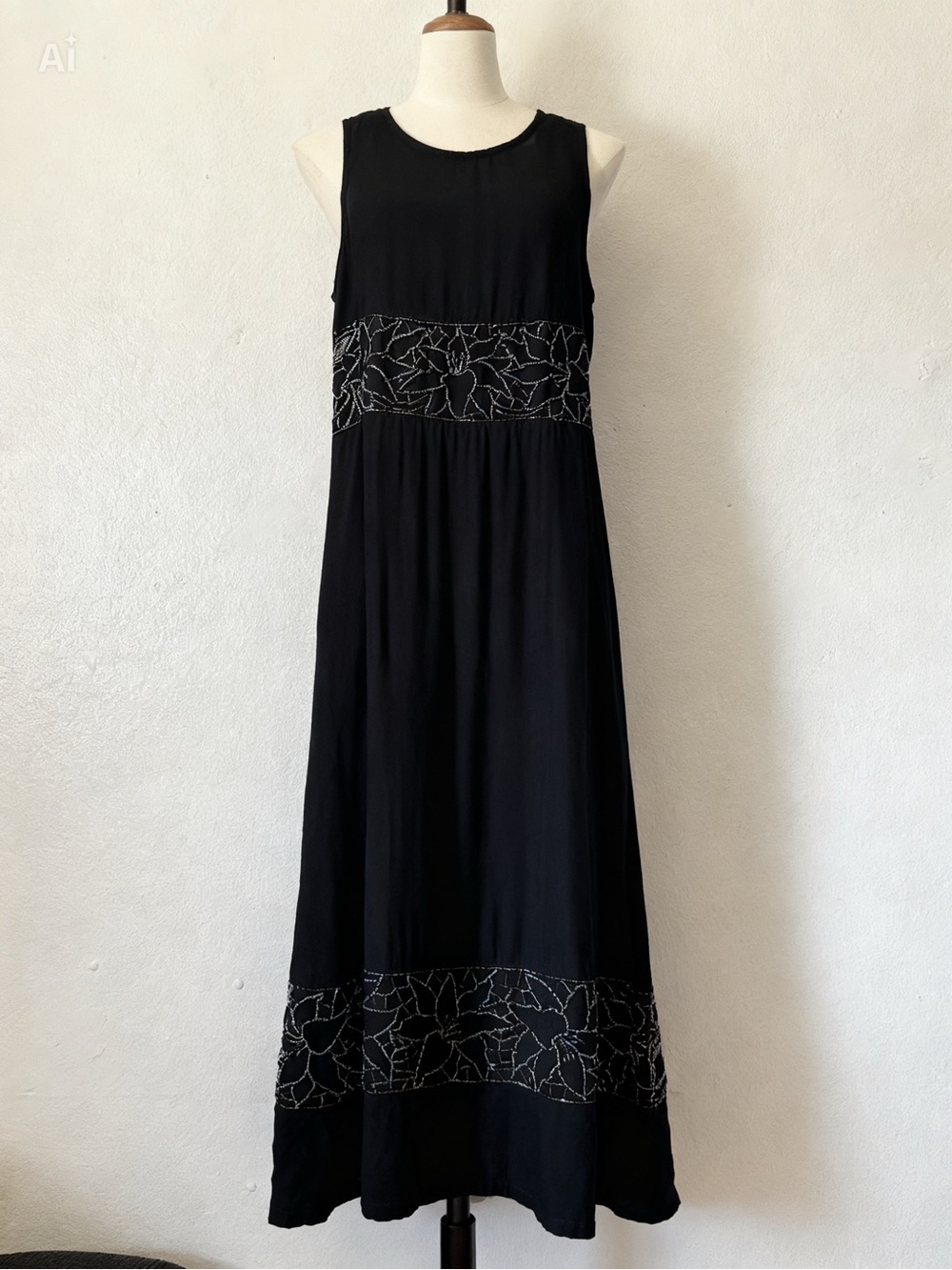 Vintage 90s Black Sleeveless Beaded Waist and Hem Maxi Dress